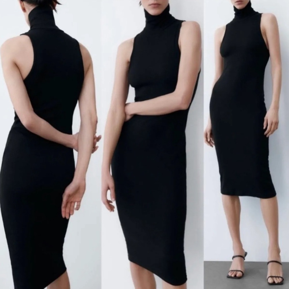 ZARA Ribbed Sleeveless Turtleneck Midi Dress